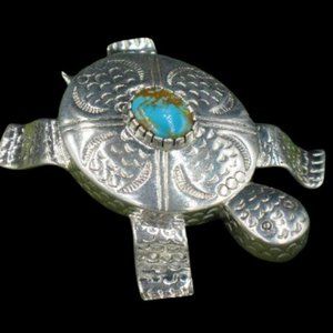 Vintage Carol Felley Sterling Silver Turquoise Turtle Brooch/Pendant